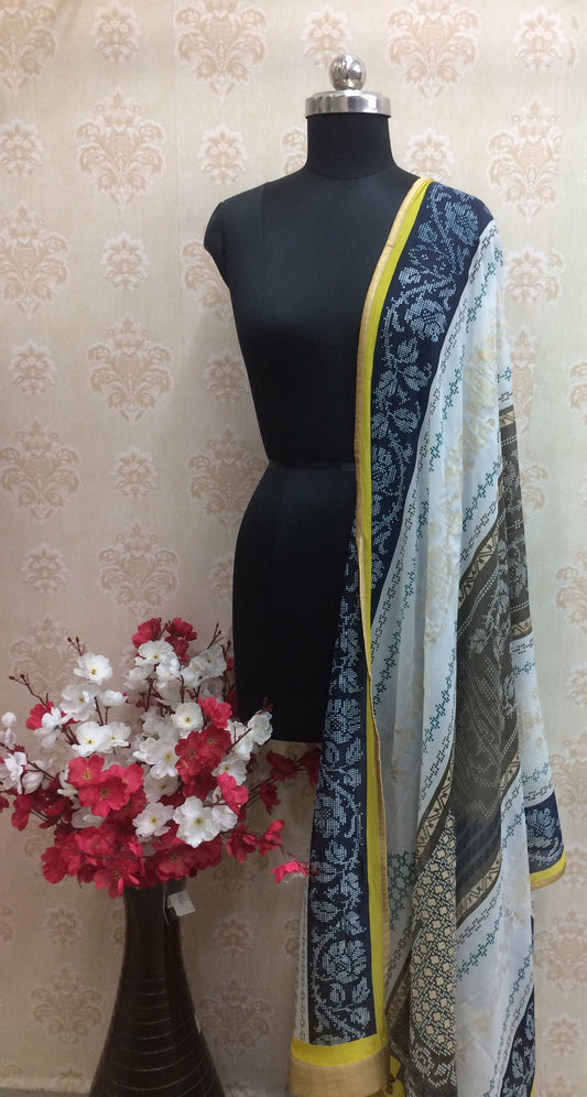 Contemporary Navy & White Printed Chiffon Dupatta with Bold Yellow Trim