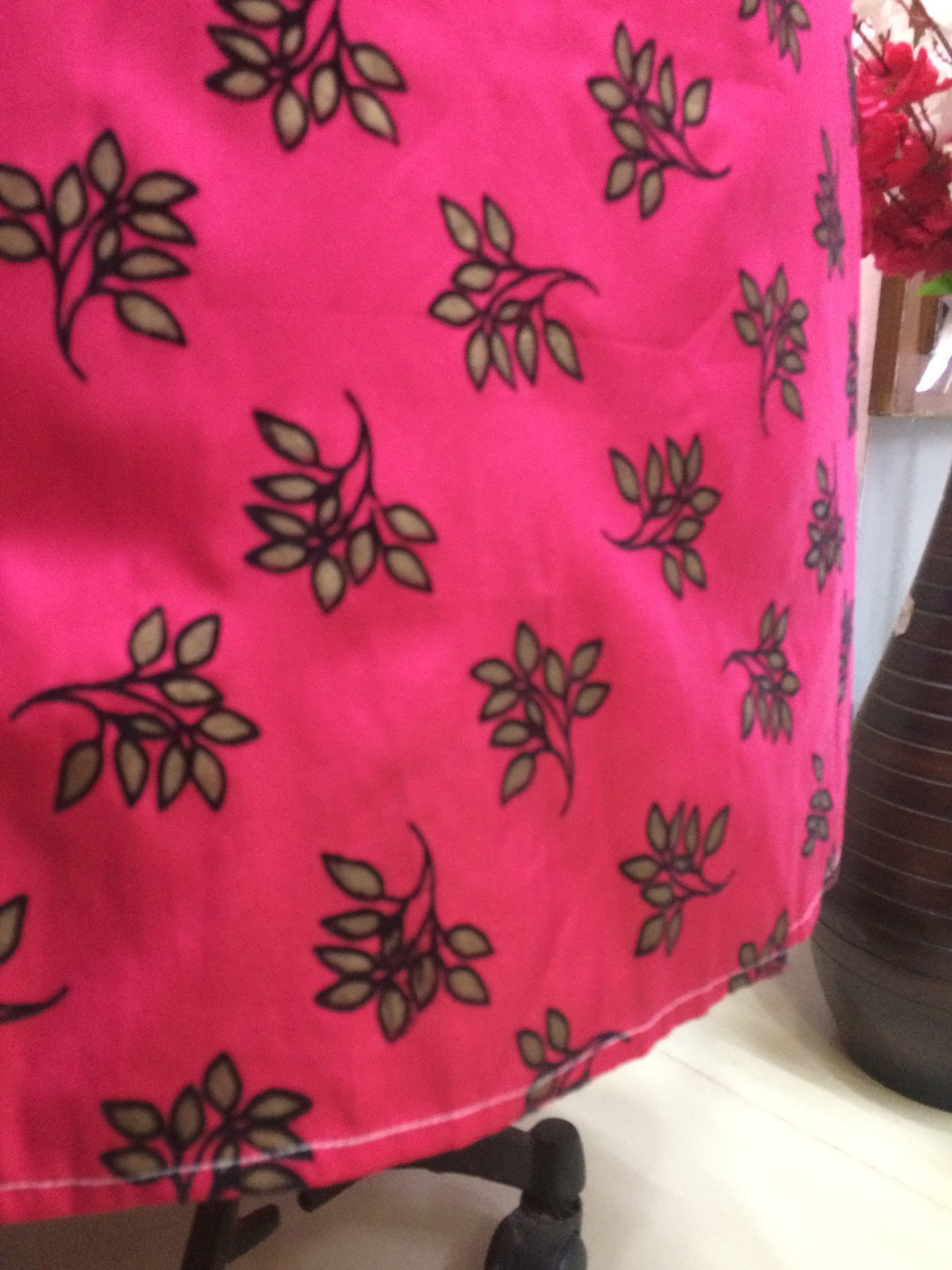 Hot Pink Satin Long Kurti with Leafy Print