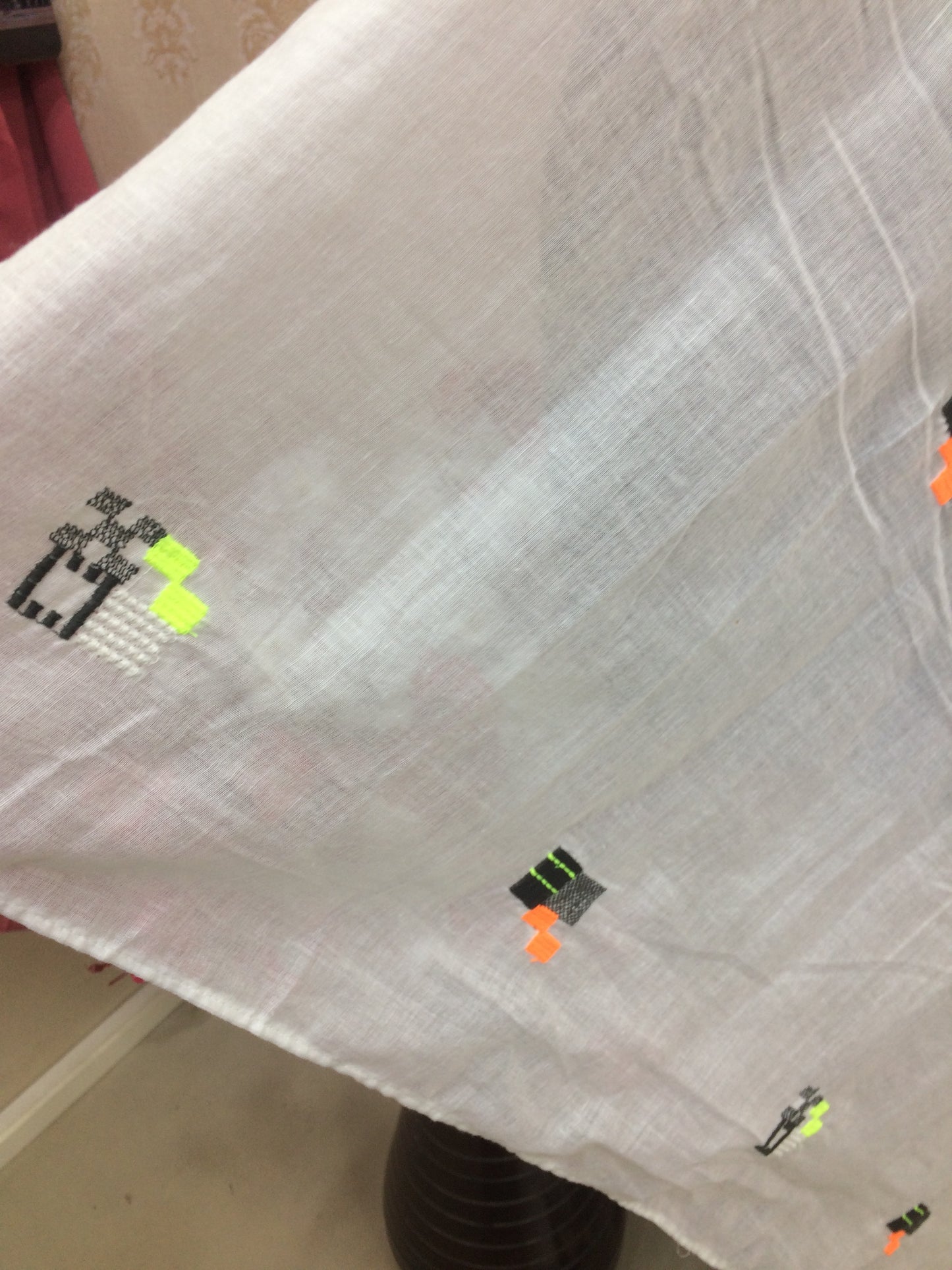 White Cotton Voile Stole with Neon Motif Embroidery