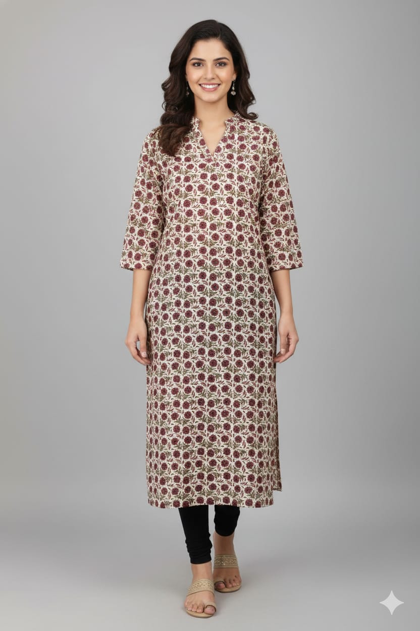 Maroon & Olive Floral Printed Cotton Kurti