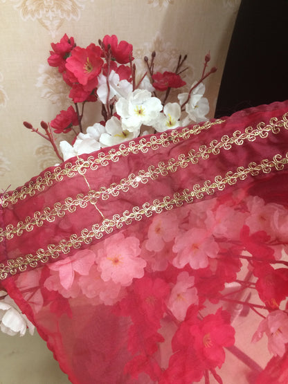 Festive Red Organza Dupatta with Heavy Gold Embroidered Border