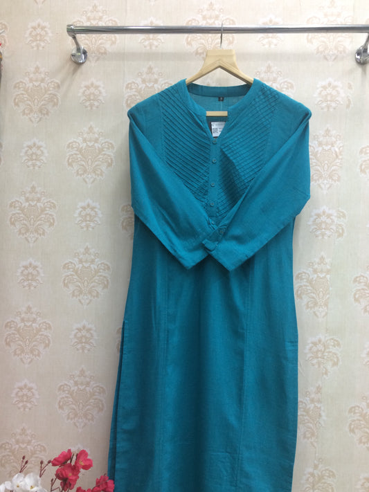 Teal Pleated Yoke Cotton Kurti