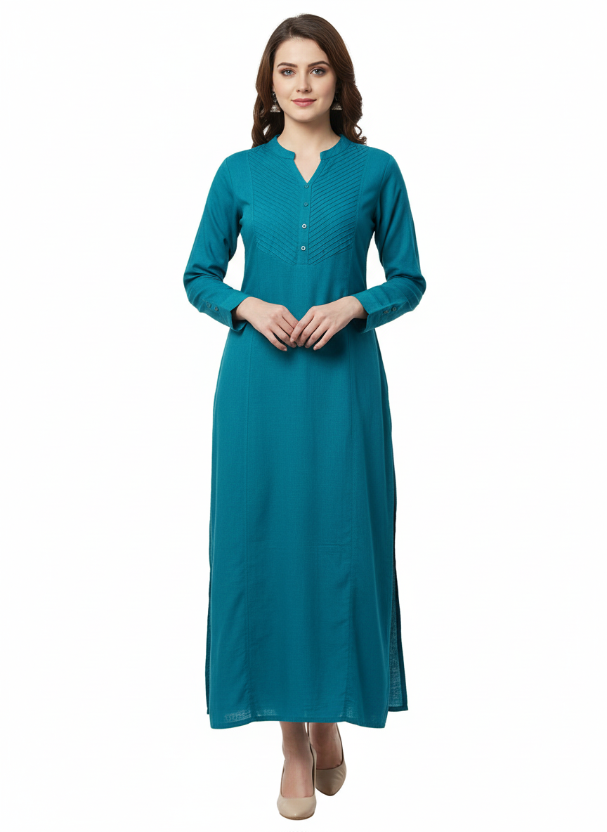 Teal Pleated Yoke Cotton Kurti