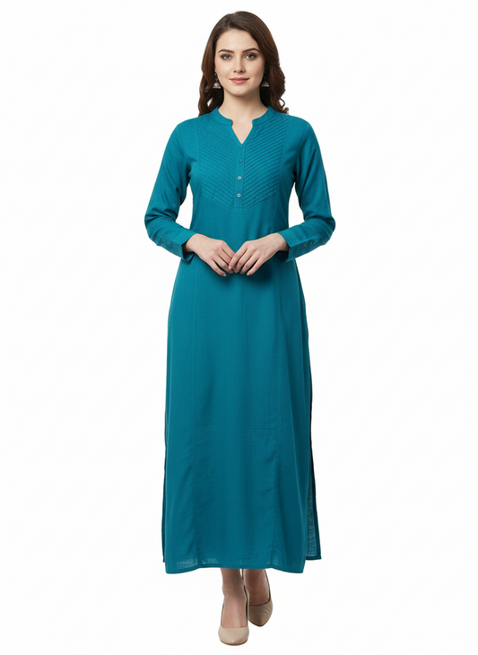 Teal Pleated Yoke Cotton Kurti