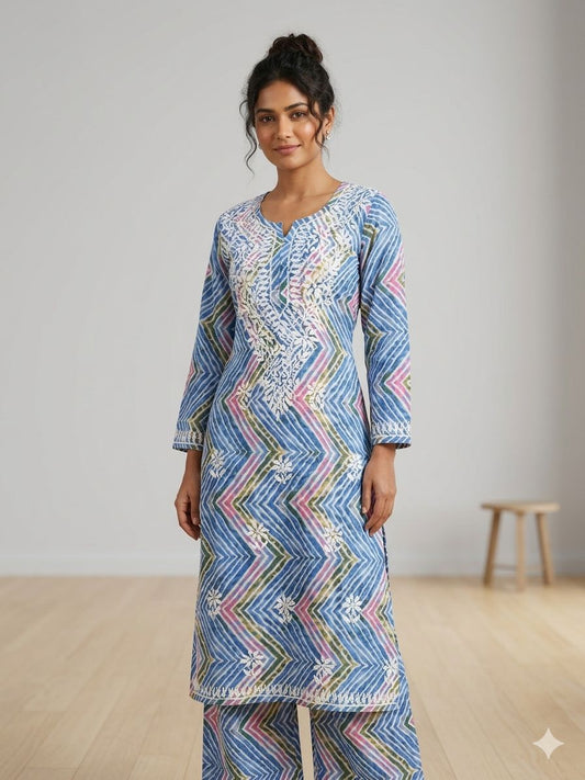 Najma Blue Leheriya Print Lucknowi Kurta Set