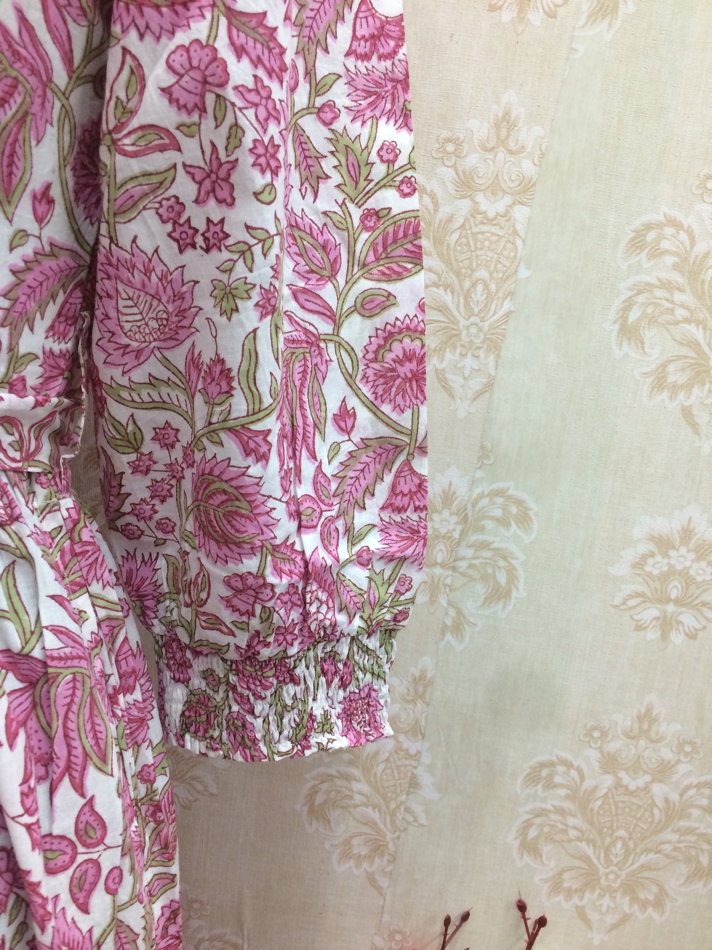 Pink Floral Print Flared Cotton Kurta with Tie-Up Belt