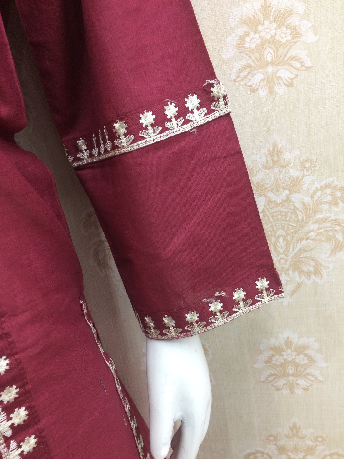 Elegant Maroon Cotton Two-Piece Suit with Border Detailing