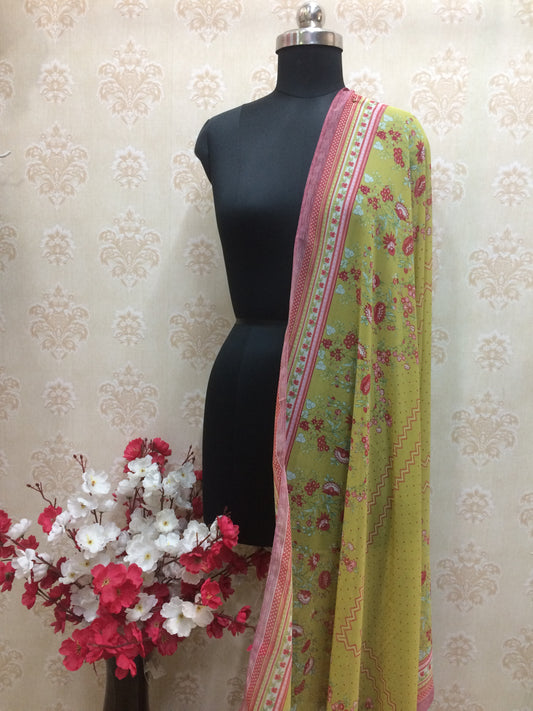 Lime Green Floral Print Chiffon Dupatta with Pink Border