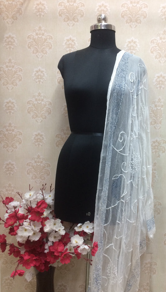 Sheer White Chikankari Dupatta with Tone-on-Tone Floral Embroidery