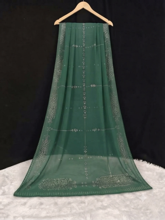 Georgette dark green dupatta with gray foil print