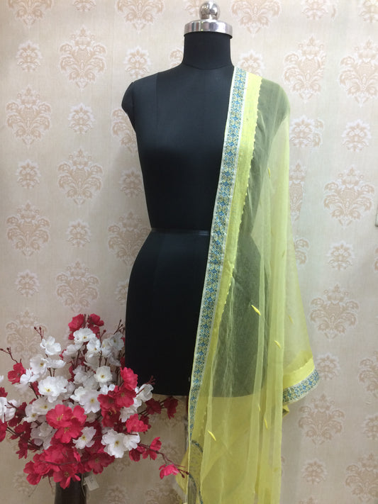 Pastel Yellow Organza Dupatta with Blue & Gold Embroidered Border