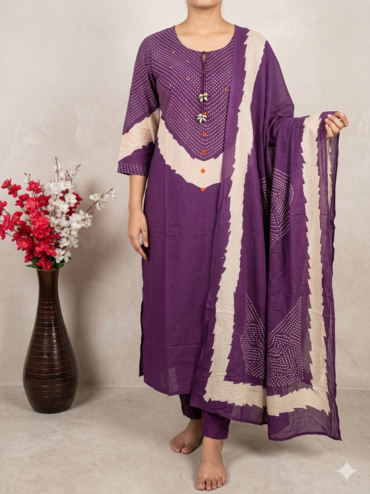 Purple Bandhani Print Cotton Kurta Set with Dupatta