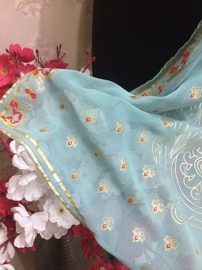 Aqua Blue Chiffon Dupatta with Gold Foil Print
