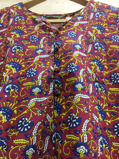 Vibrant Maroon Cotton Kurti with Traditional Floral Print