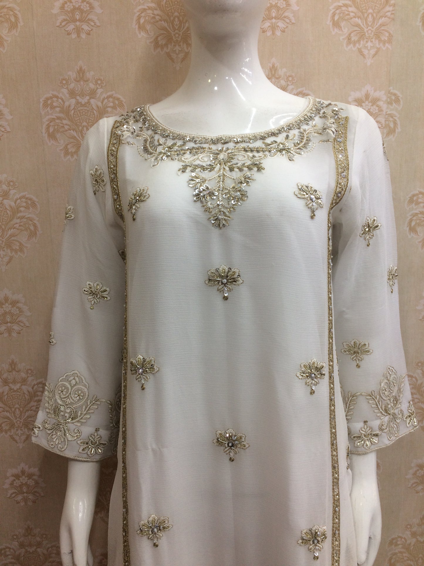 Elegant White Heavily Embroidered Chiffon Pakistani dress