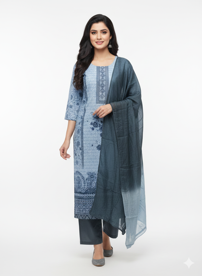 Grey Printed Cotton Suit with Embroidered Silk Dupatta