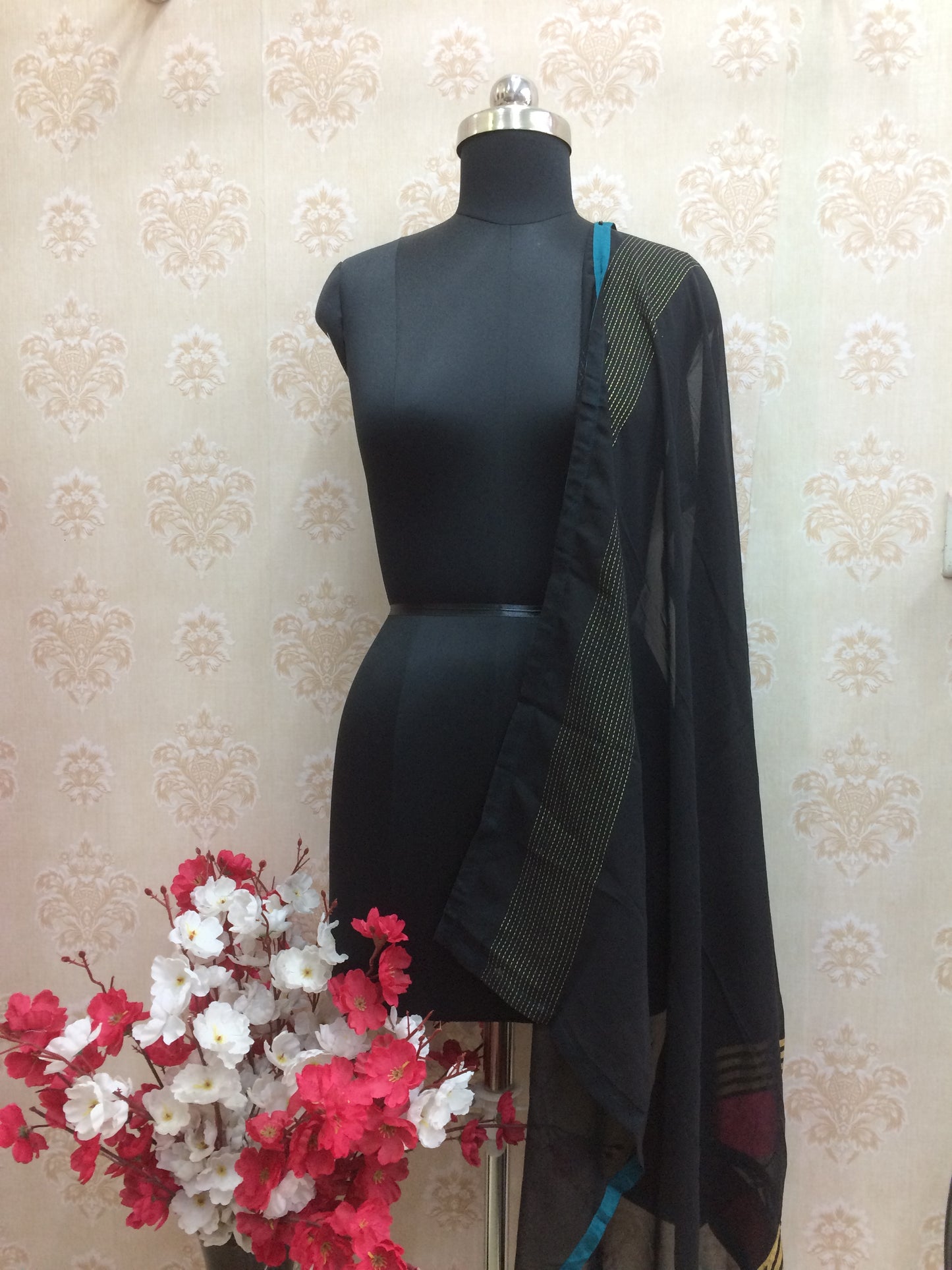 Black georgette Square stole with pink and golden border