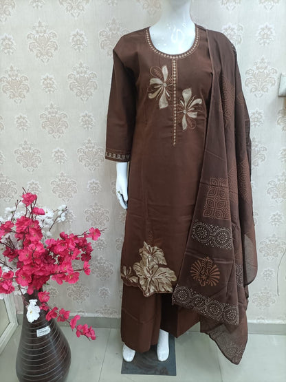 Rich Coffee Brown Floral Kurta Set £ Wide-Leg Palazzo with dupatta