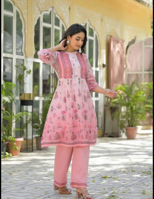 Radiant in Rose: Floral Print Cotton Tunic & Trouser Set