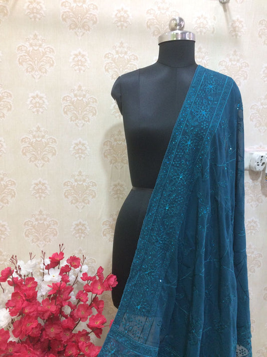 Peacock blue georgette heavy dupatta with embroidery work