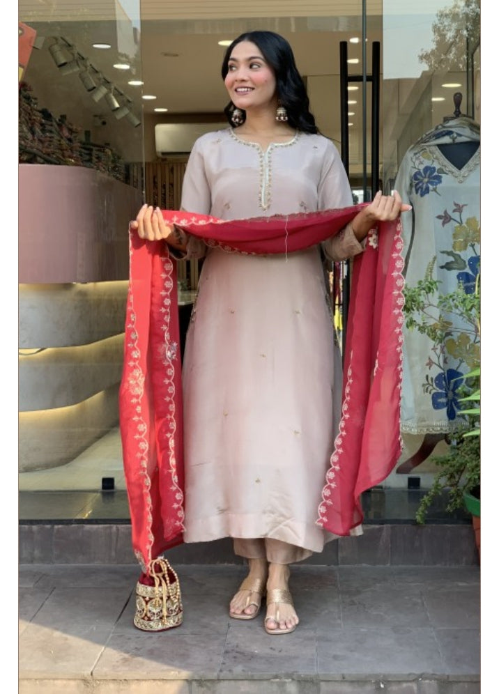Designer Light Beige Silk Kurta Set with Red Dupatta