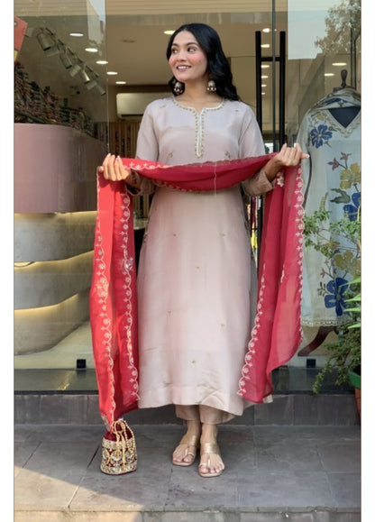 Designer Light Beige Silk Kurta Set with Red Dupatta