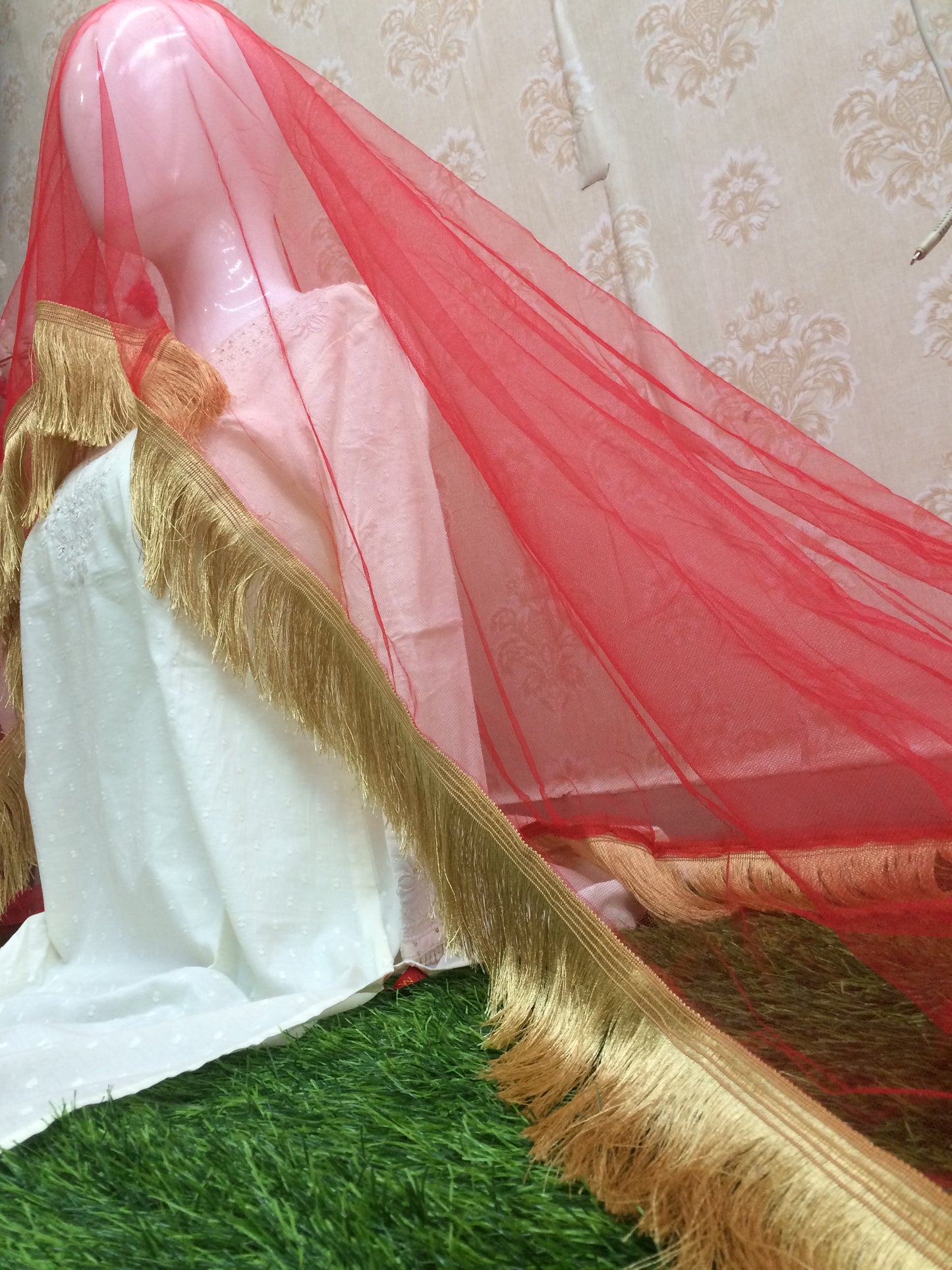 Red Nikah Dupatta with Golden Lace Border