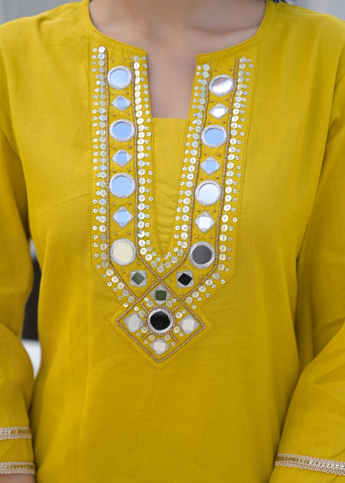 Afnan Yellow Mirror Work Kurta Set