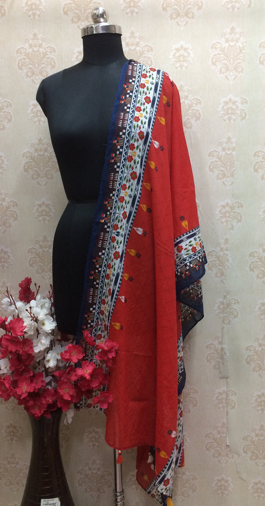 Cotton red and blue  floral printed dupatta