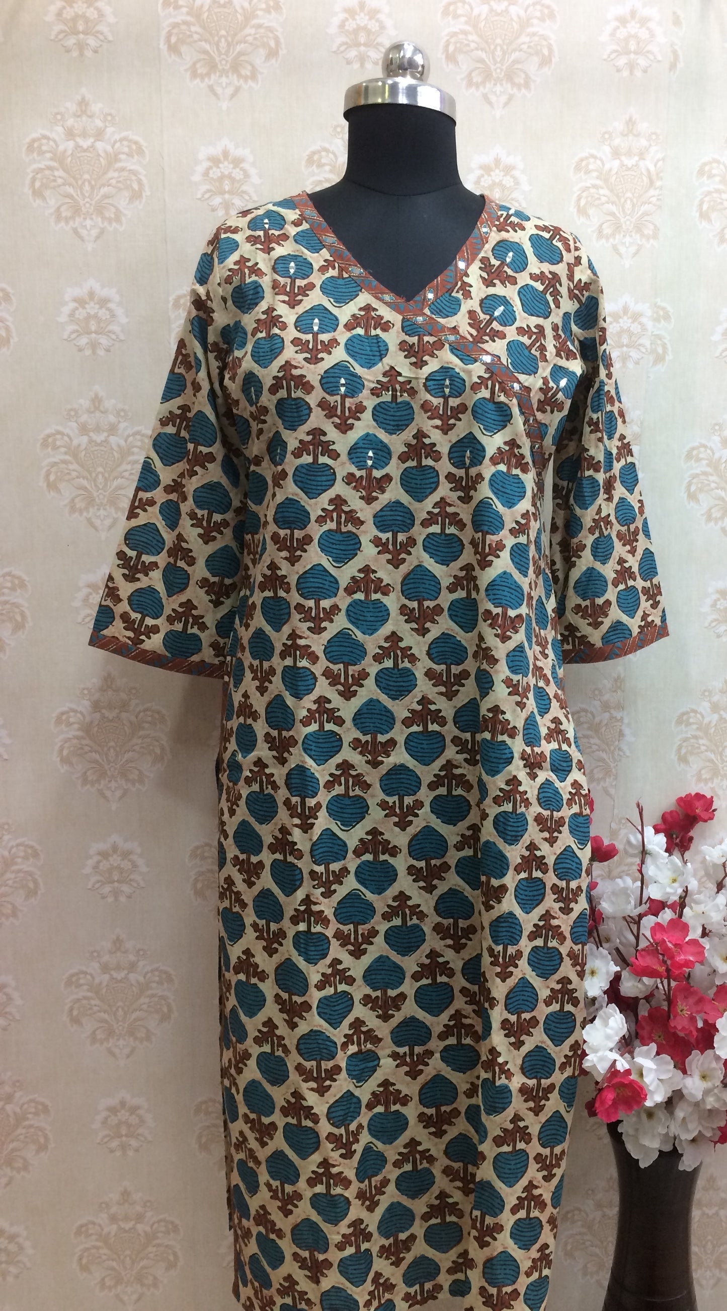 Beige & Blue Floral Block Print Cotton Kurti