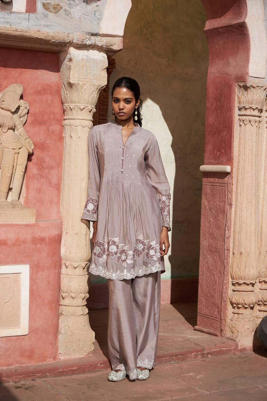 Dusty Mauve Embroidered Kurti & Wide-Leg Trouser Set