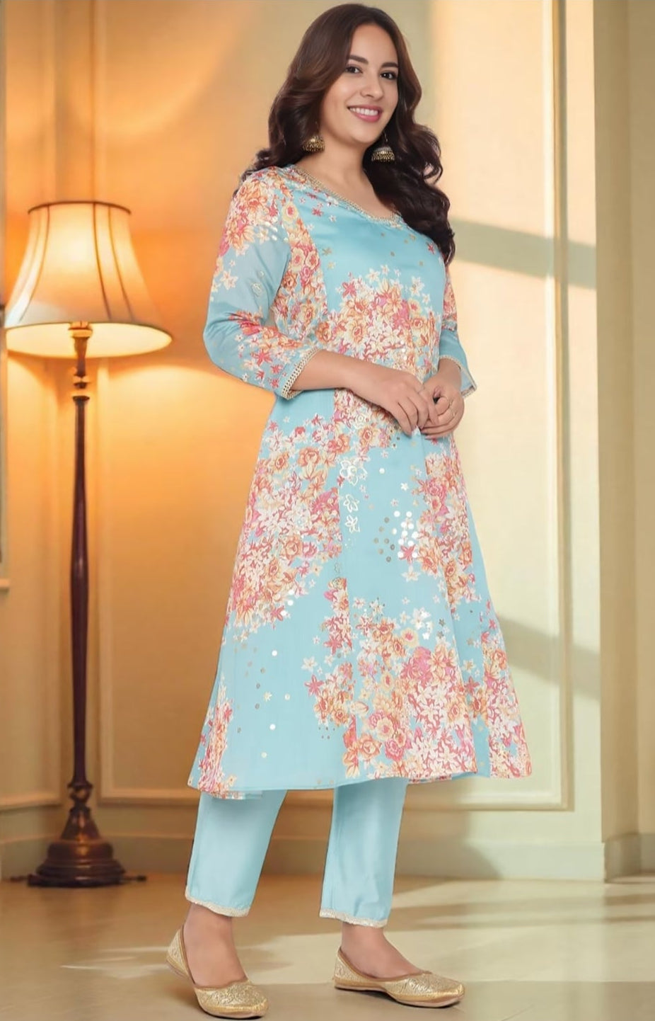 Sky Blue Floral Printed A-Line Kurta Set with Trousers