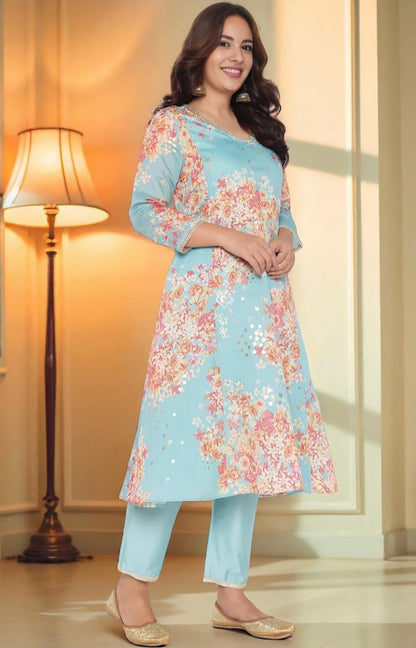 Sky Blue Floral Printed A-Line Kurta Set with Trousers