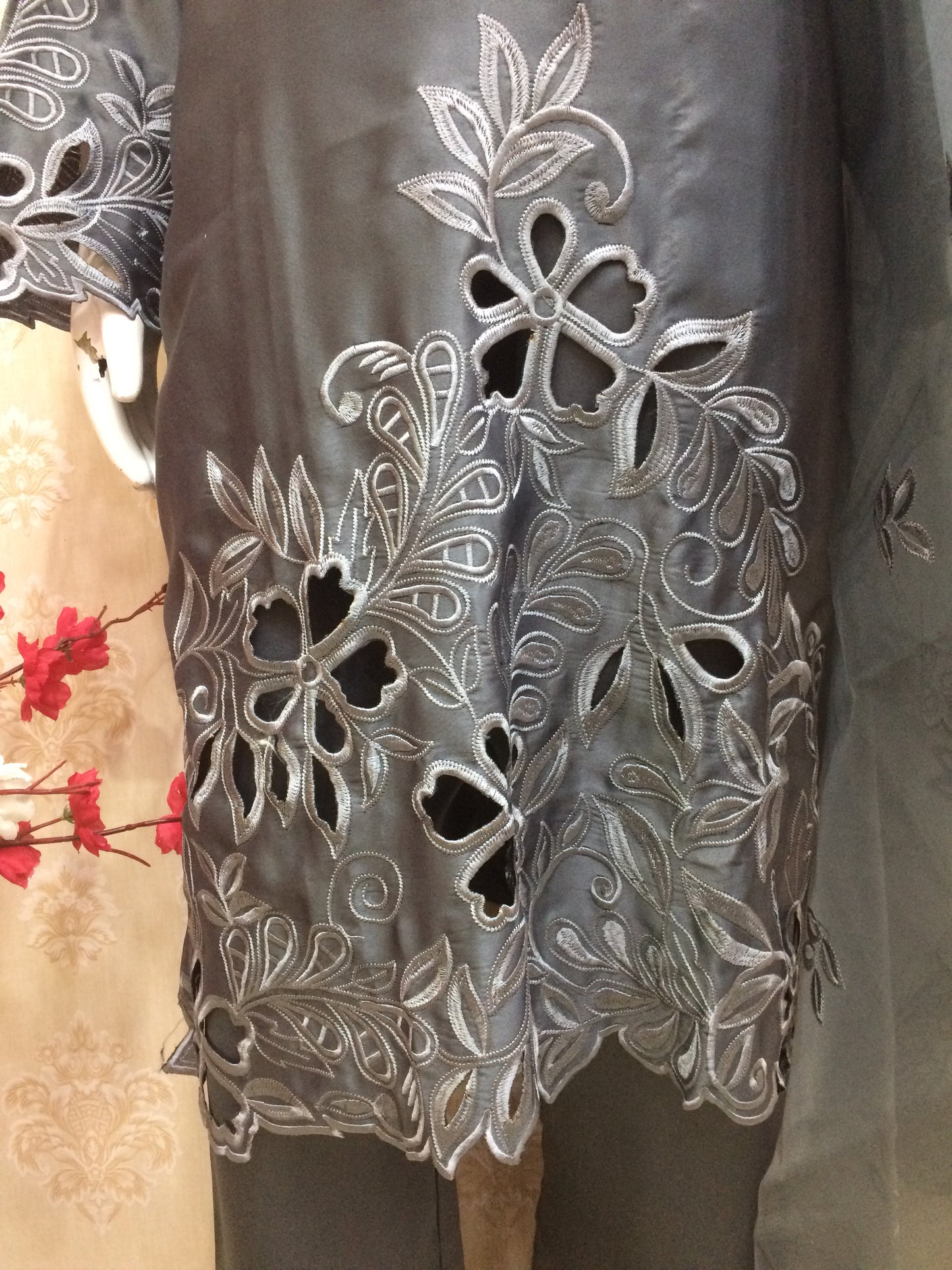 Grey and navy blue Cutwork Embroidered Silk Kurta Set with Organza Dupatta