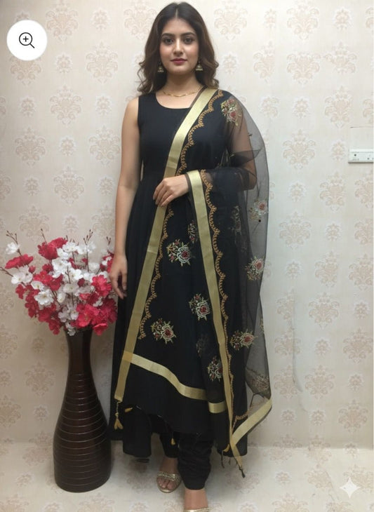 Organza Dupatta with Multi-Color Resham Floral Embroidery & Gold Trim