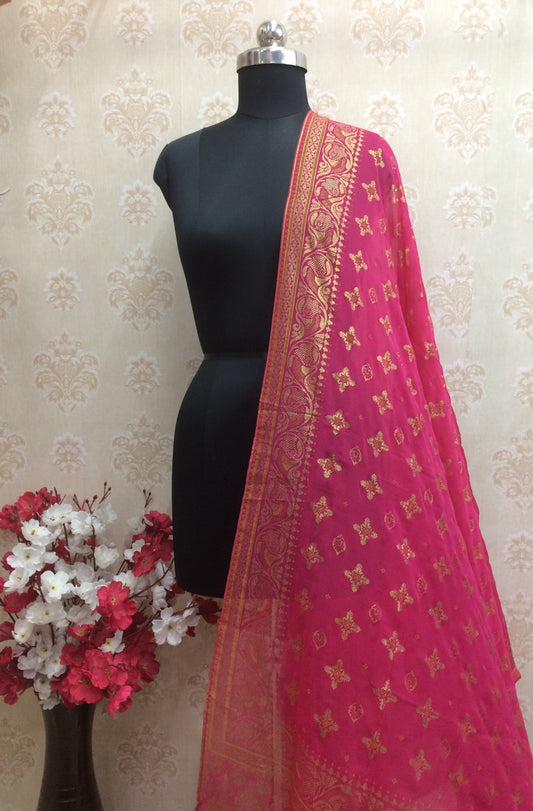 Rani Pink Banarasi Weave Chiffon Dupatta with Gold Zari Border