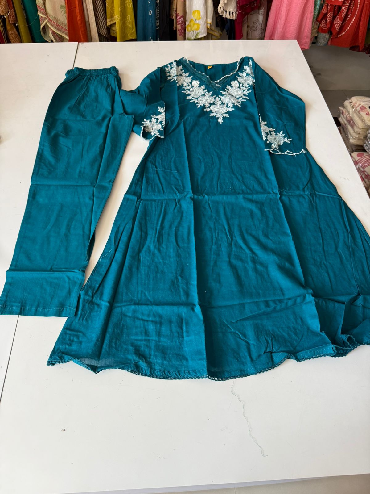 Aina Teal Embroidered Cotton A line Set