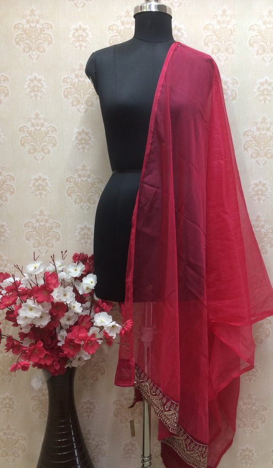 Rani Pink Chiffon Dupatta with Heavy Border Work