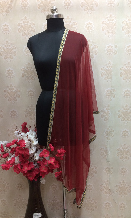 Maroon net dupatta with black and yellow border