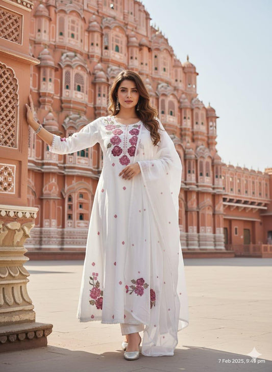 White Embroidered Anarkali Suit Set with Dupatta