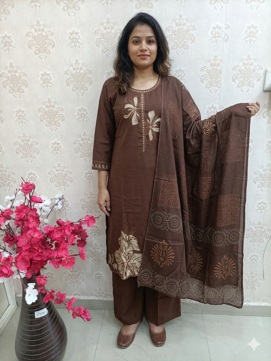 Rich Coffee Brown Floral Kurta Set £ Wide-Leg Palazzo with dupatta