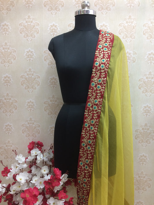 Yellow Organza Dupatta with Maroon & Turquoise Embroidered Border