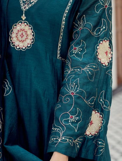 Firdous Chanderi Teal anarkali set