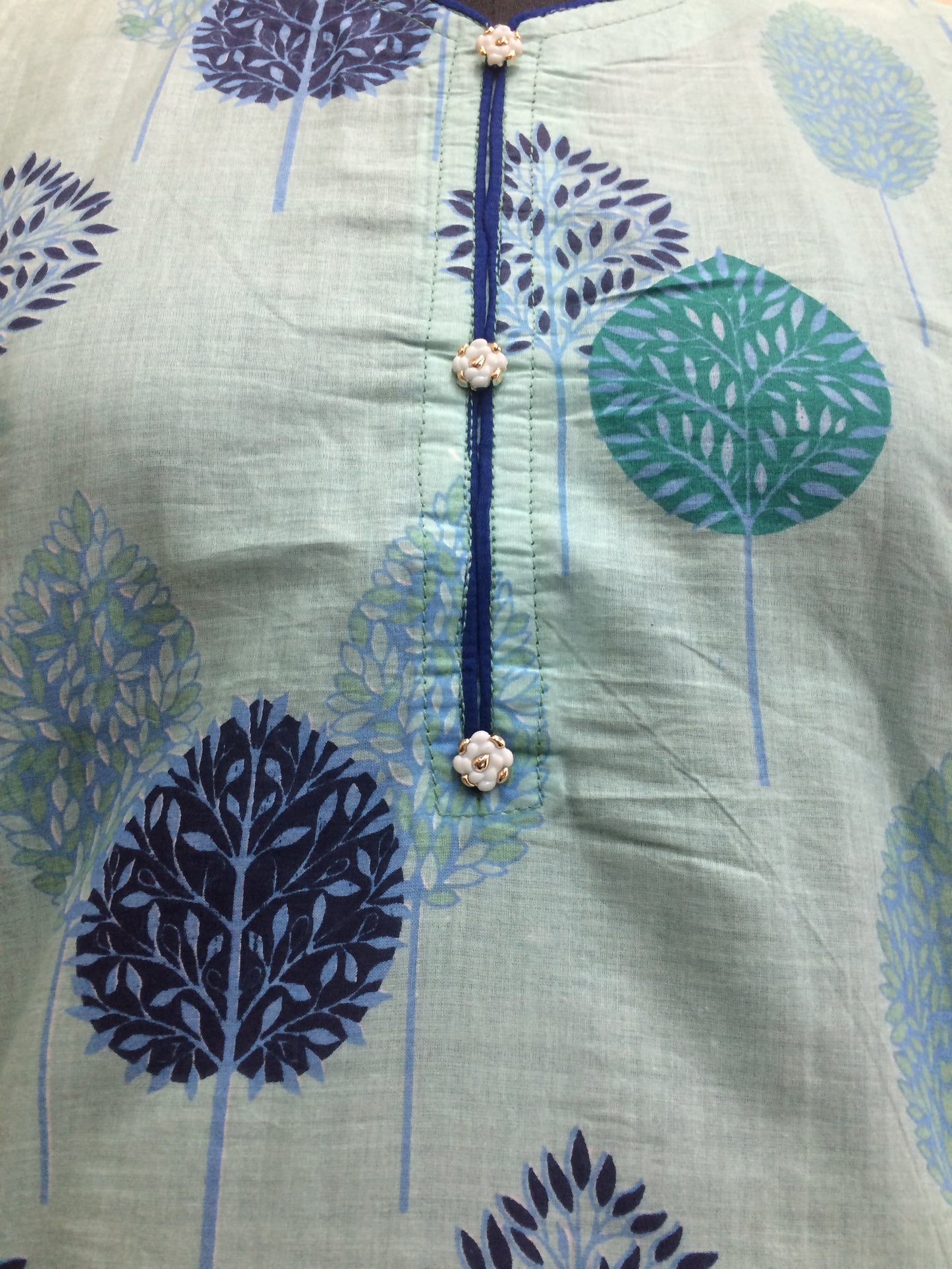 Mint Blue Cotton Printed Short Kurti with Tree Motif & Border Hem