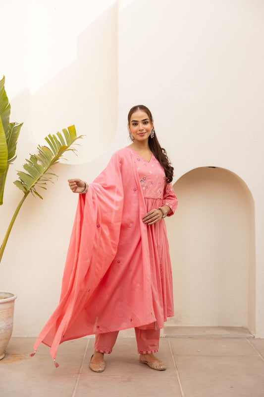 Nora Blushing Rose Embroidered Cotton Anarkali Suit Set