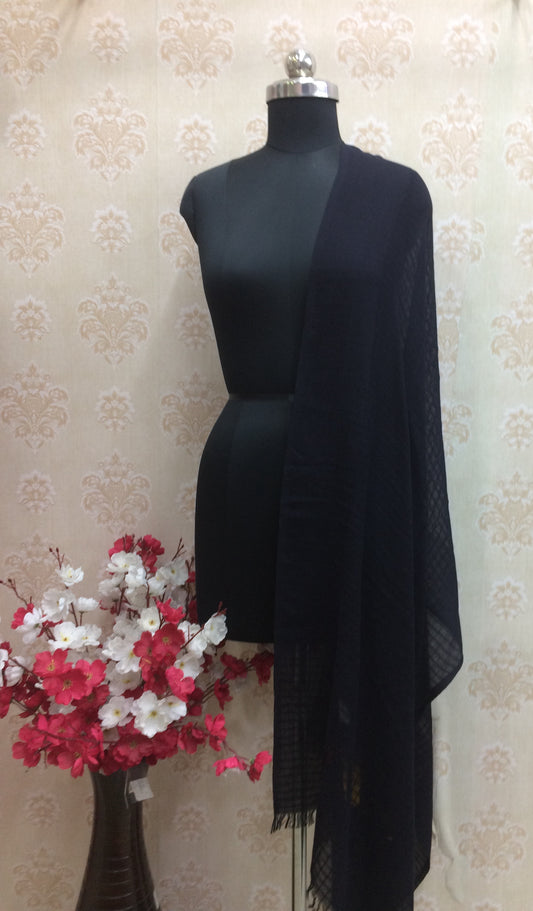Classic Navy Blue Cotton Dupatta with Subtle Check Weave and Fringe