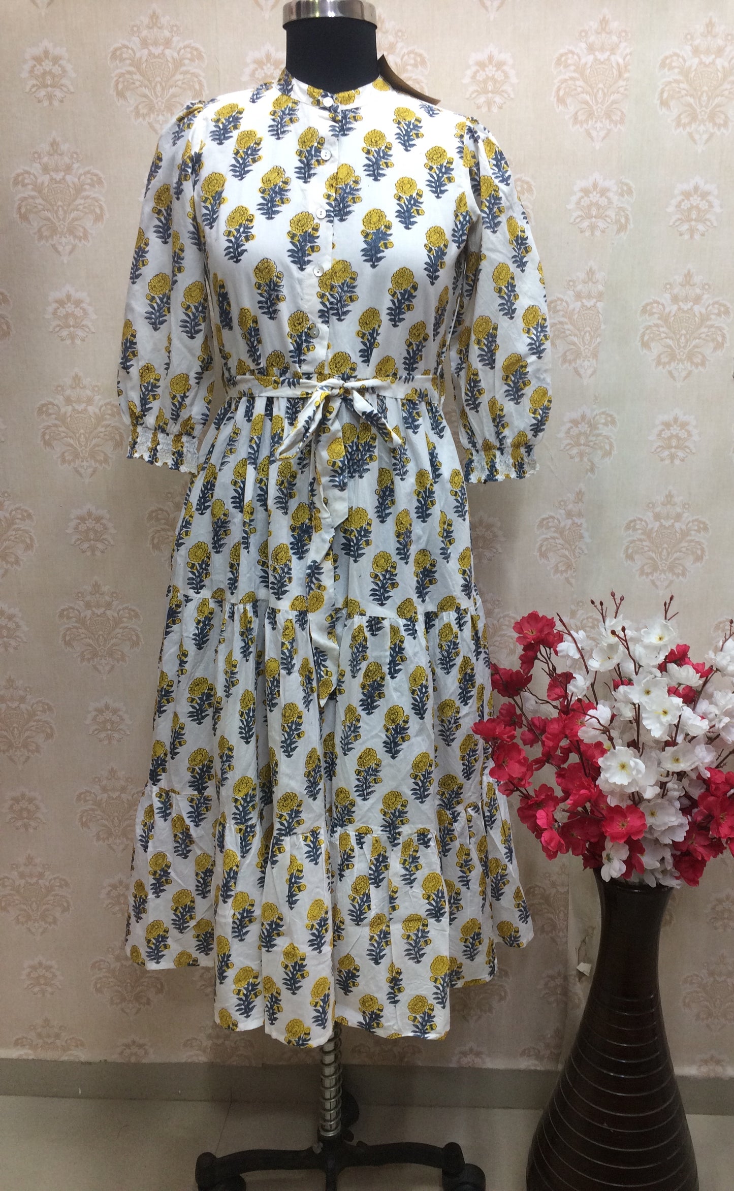 White Cotton Kurti with Yellow & Blue Floral Print