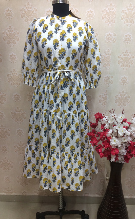 White Cotton Kurti with Yellow & Blue Floral Print