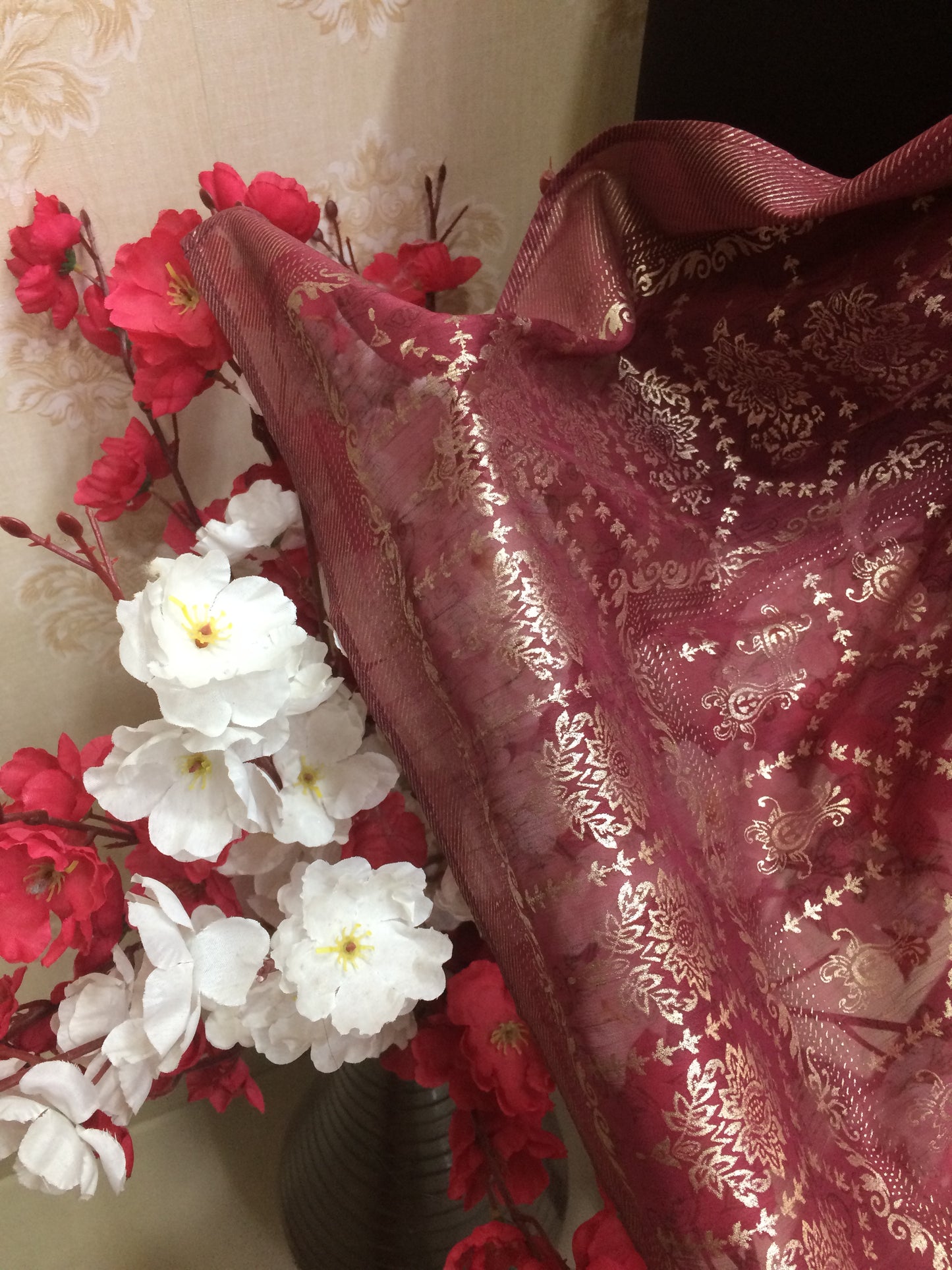 Regal Maroon Chiffon Dupatta with All-Over Gold Weave