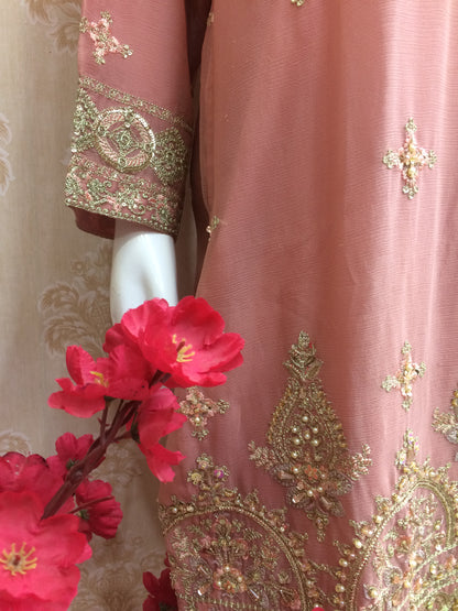 Luxury Dusty Rose Pink Embroidered Chiffon Salwar Kameez Suit - Heavy Zari Work Ready to Wear Pakistani
